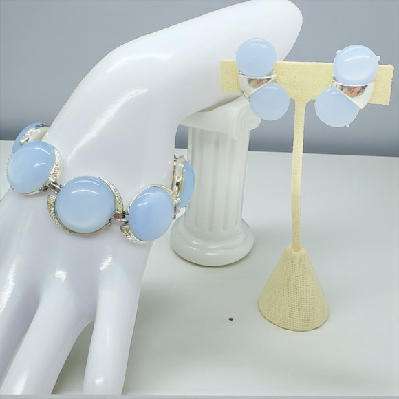 Vintage Jewelry - Vintage Blue Moon Glow Thermoset & Rhinestone Bracelet & Clip On Earrings Set